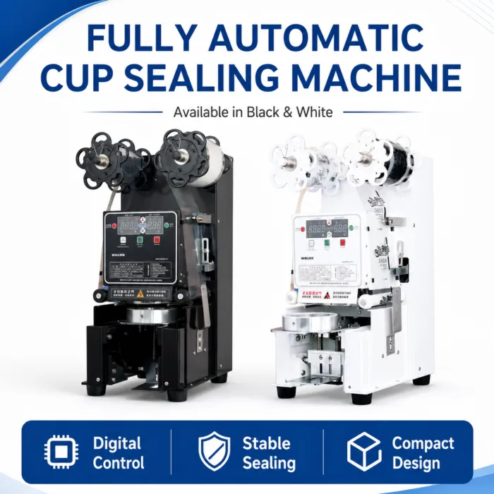 Black and white countertop drink packaging equipment