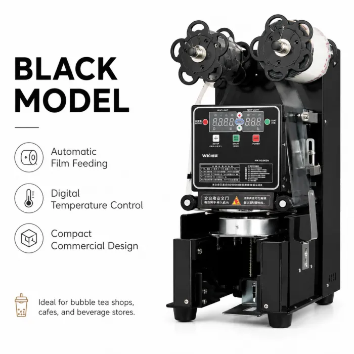 Black countertop packaging equipment with digital control panel