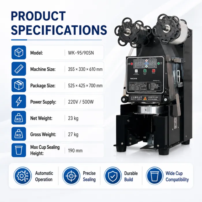 WK-95/90SN dimensions 500W power 23kg weight and 190mm cup height