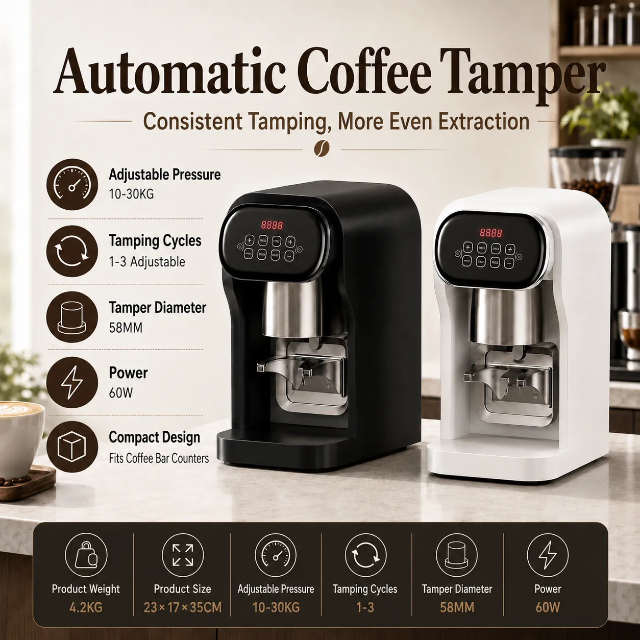 G520N automatic coffee tamper specifications with adjustable pressure and 58mm tamper diameter