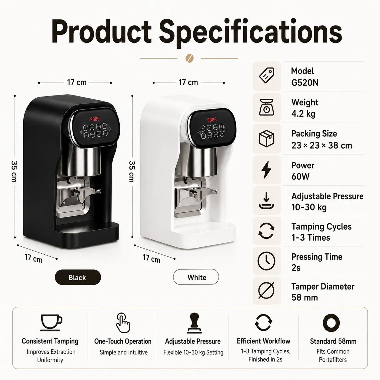G520N automatic coffee tamper specifications with adjustable pressure and 58mm tamper diameter