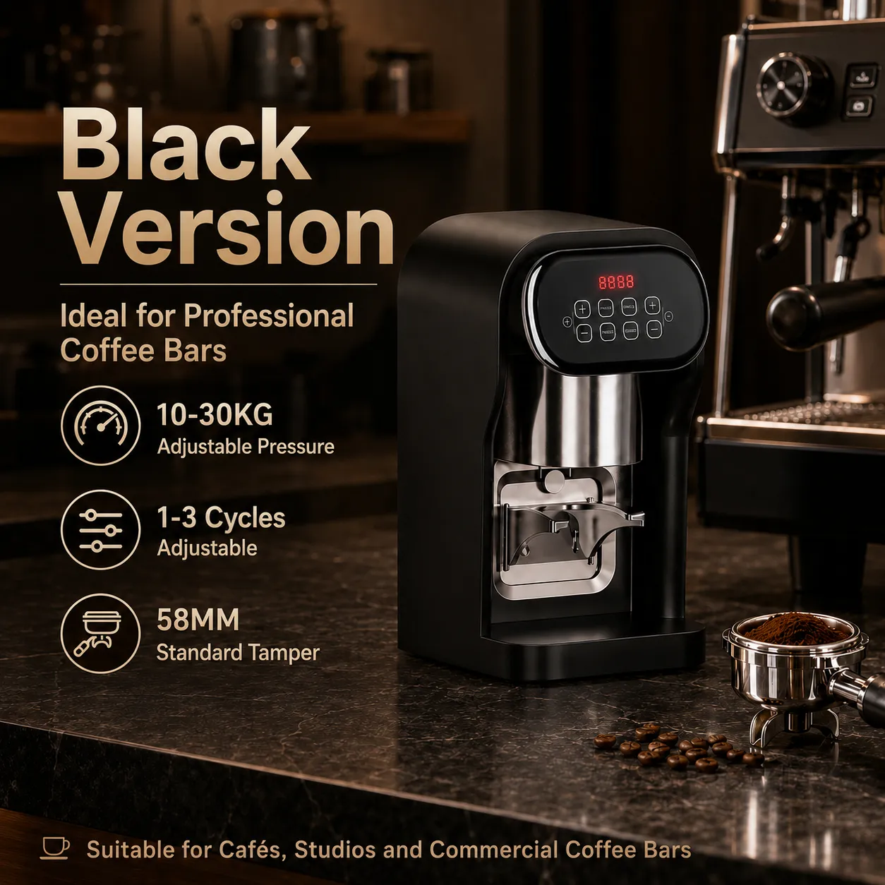 Black automatic coffee tamper for professional coffee bars