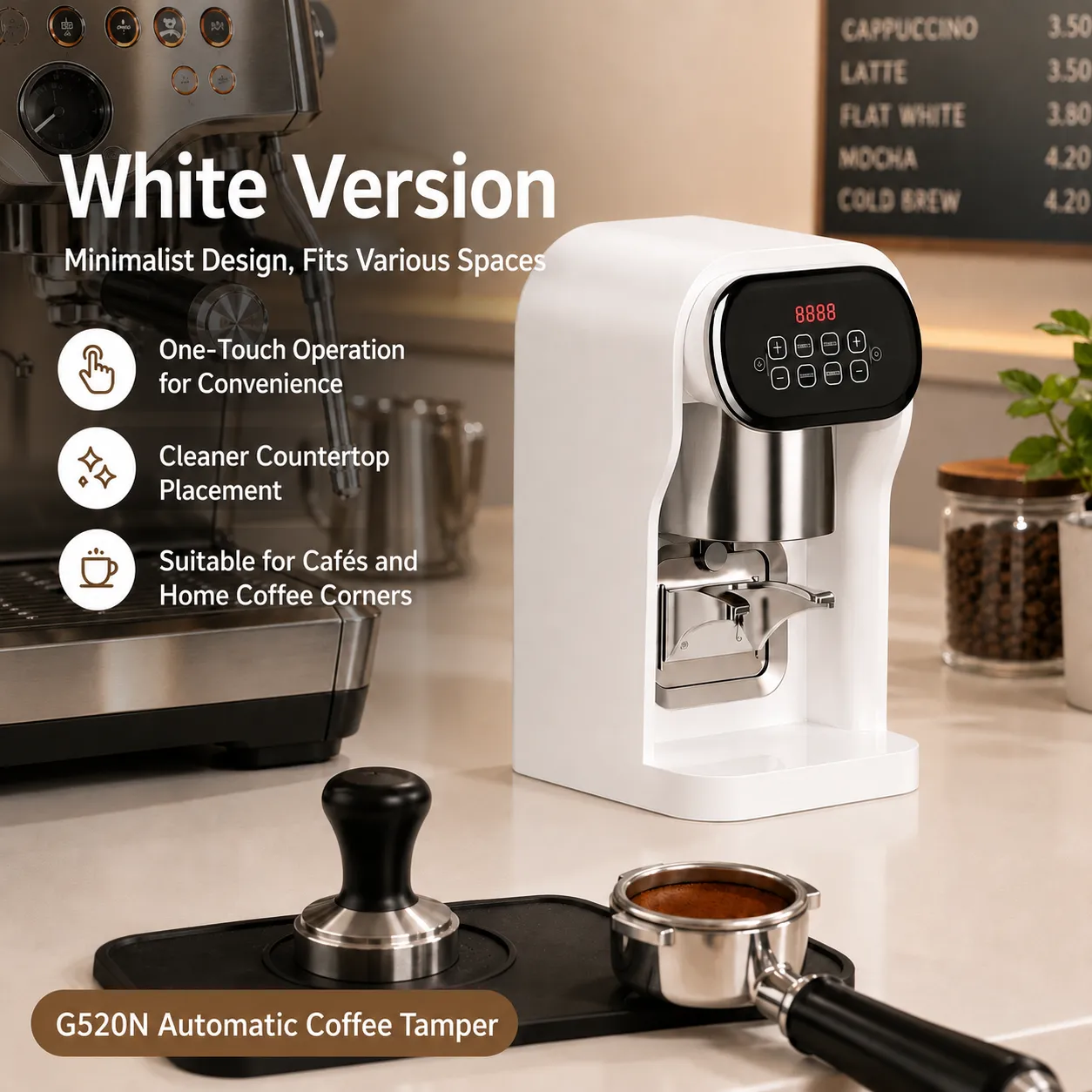 White automatic coffee tamper for cafés and home espresso bars
