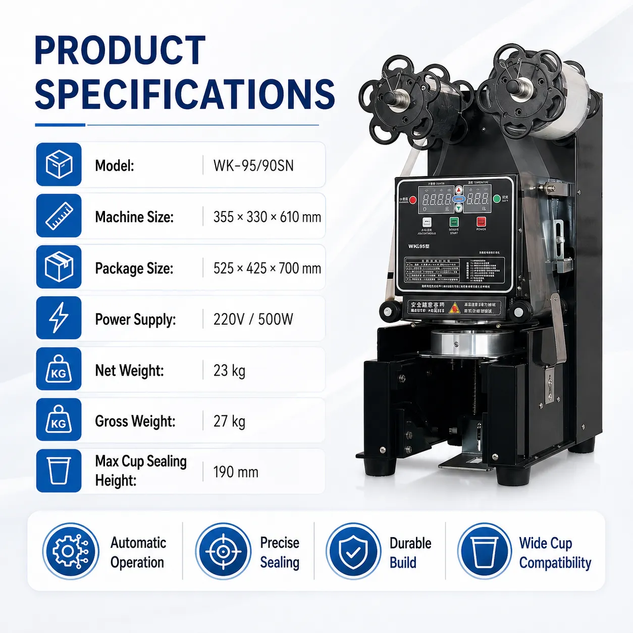 WK-95/90SN commercial fully automatic cup sealing machine for bubble tea and beverage shops