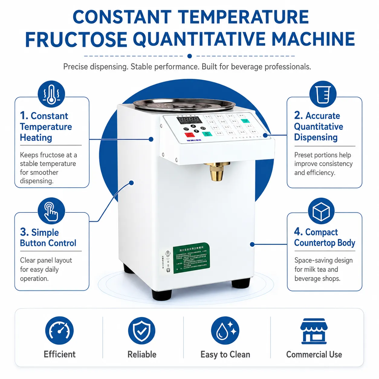 Commercial fructose dispenser with constant temperature heating and quantitative output