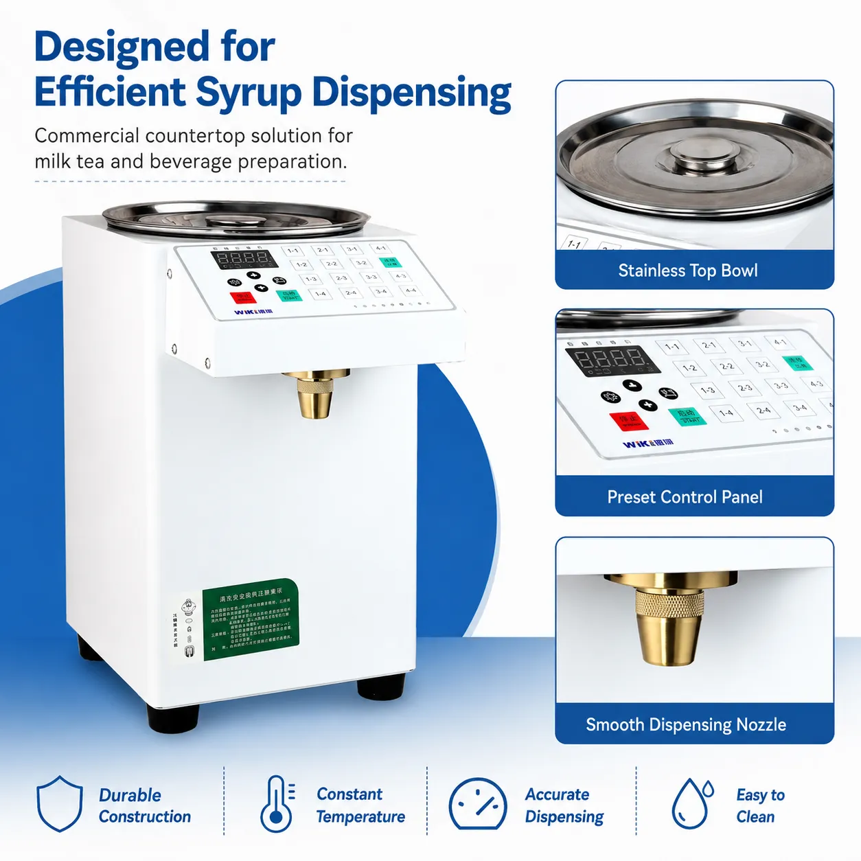 Commercial fructose dispenser with constant temperature heating and quantitative output