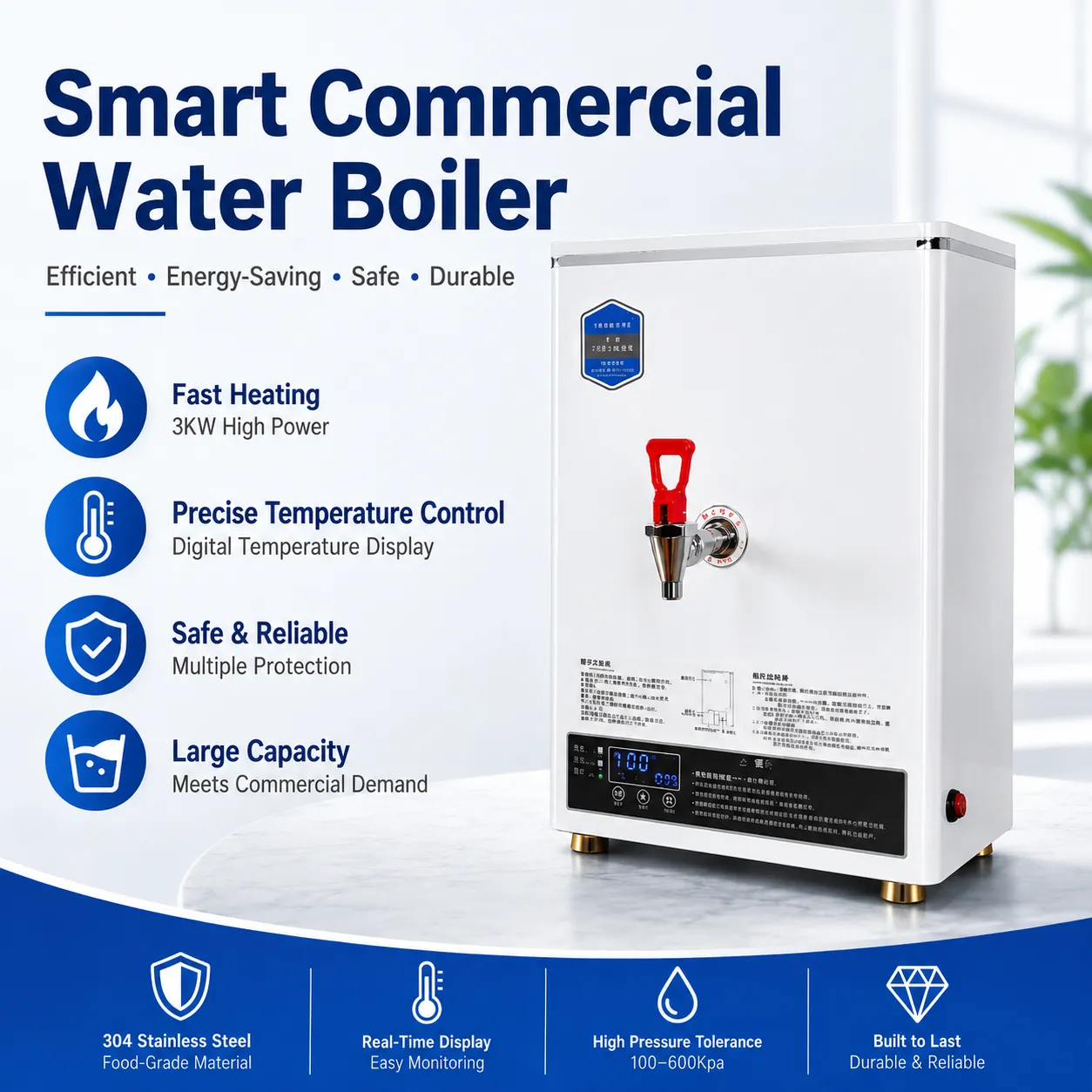 Smart commercial water boiler with 3KW heating system for milk tea and coffee shops