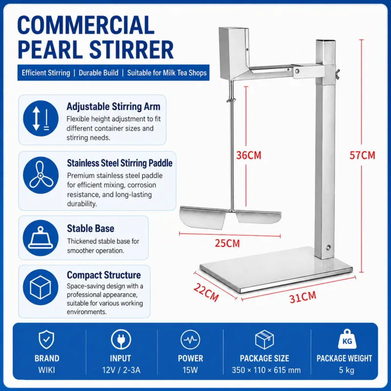 Commercial boba pearl stirrer with adjustable arm and stainless steel paddle