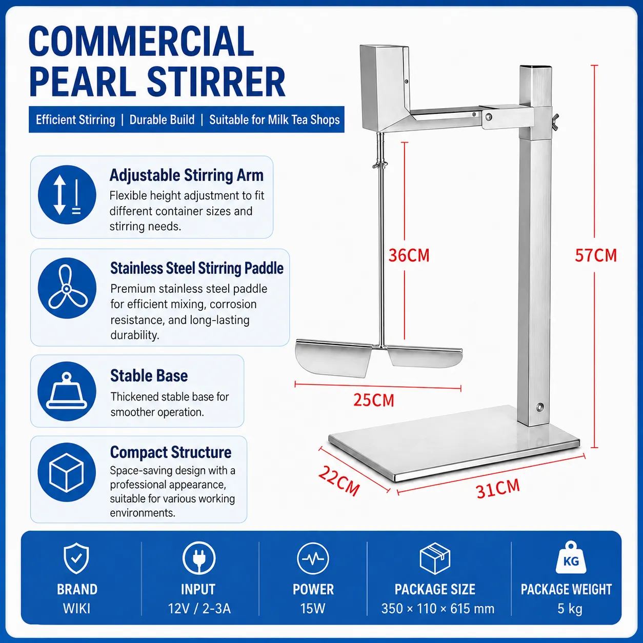 Commercial boba pearl stirrer with adjustable arm and stainless steel paddle