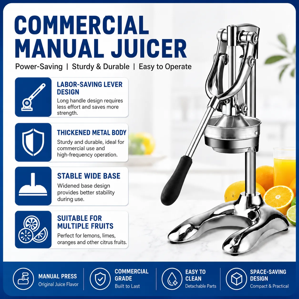 Commercial citrus juicer with labor-saving long handle