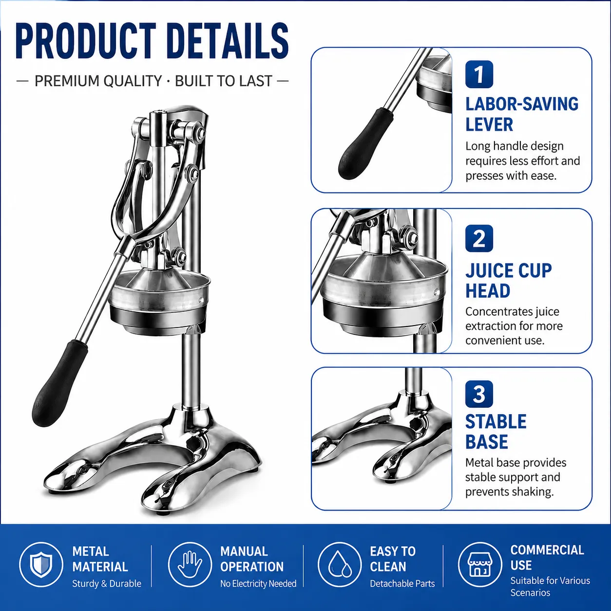 Manual citrus press with stable metal base