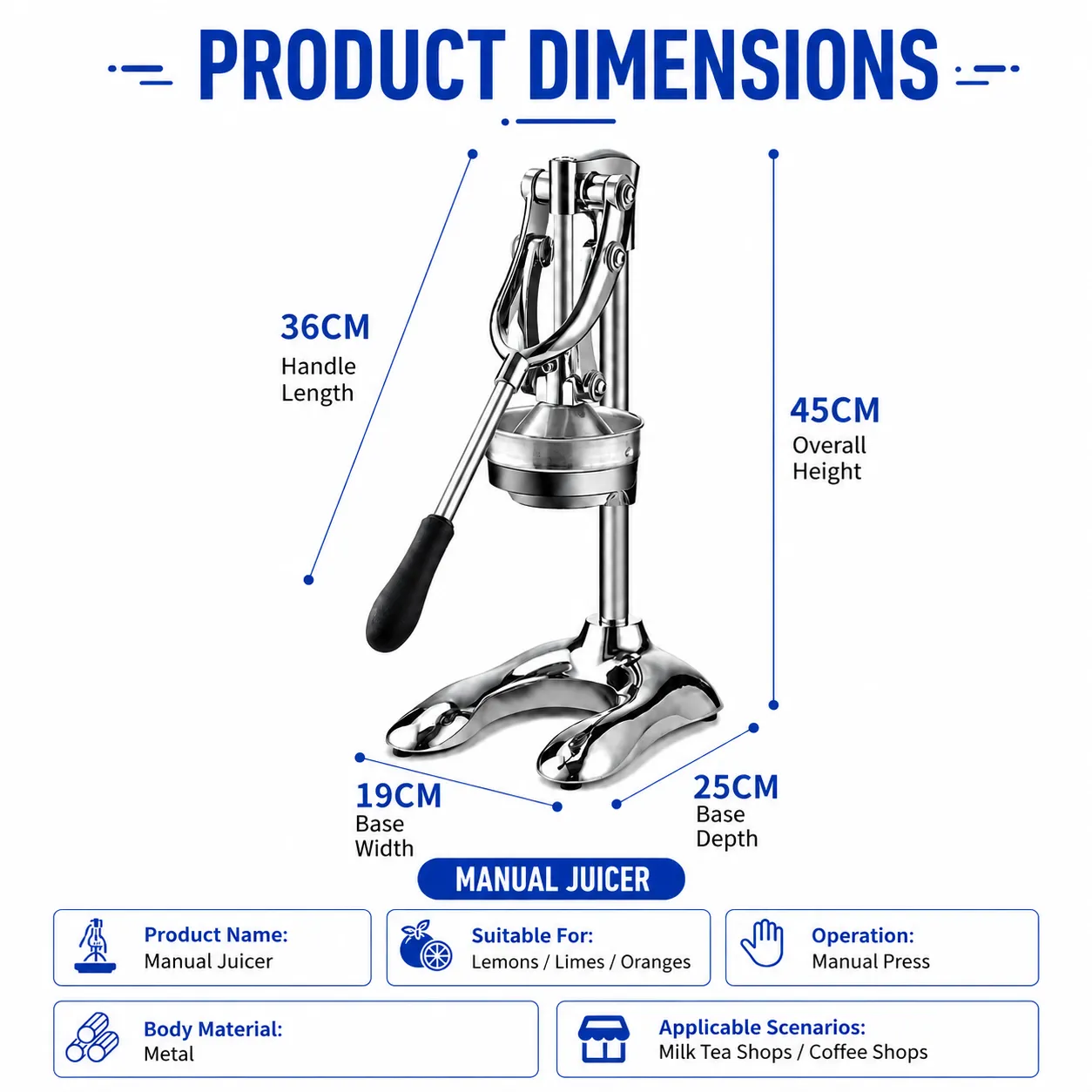 Commercial manual citrus juicer dimensions
