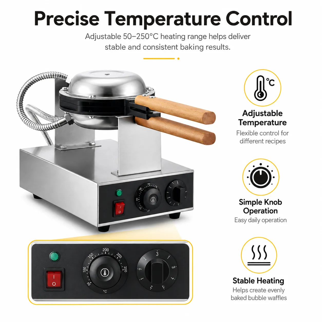 Commercial egg waffle maker with adjustable 50 to 250 degree temperature control
