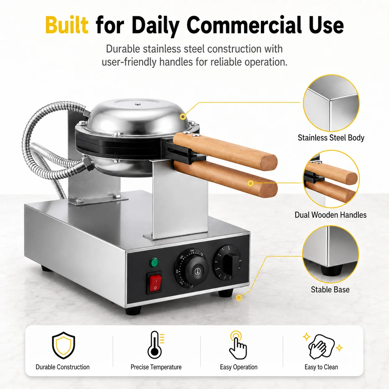 Stainless steel bubble waffle maker with dual wooden handles