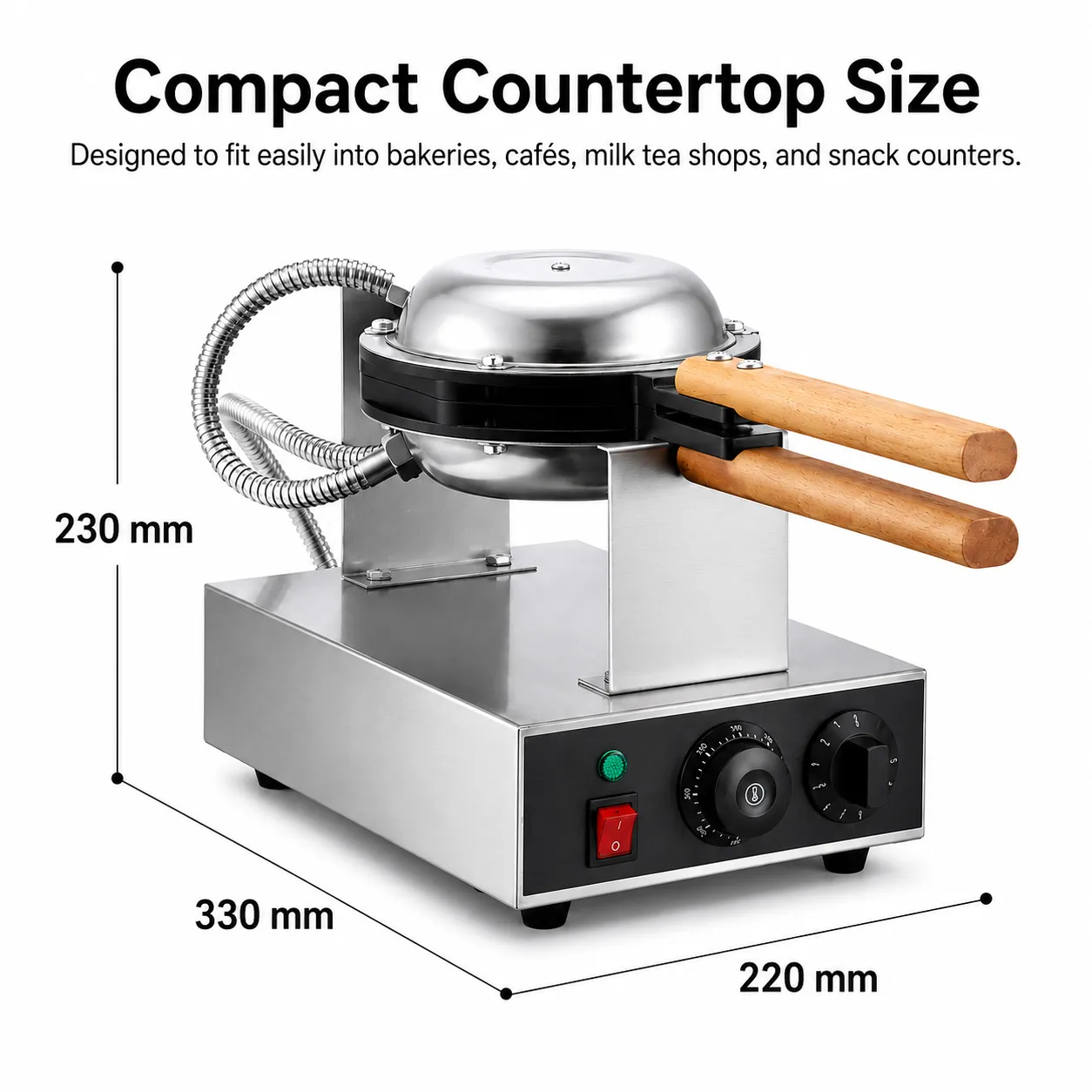 Commercial egg waffle maker measuring 330 by 220 by 230 millimeters