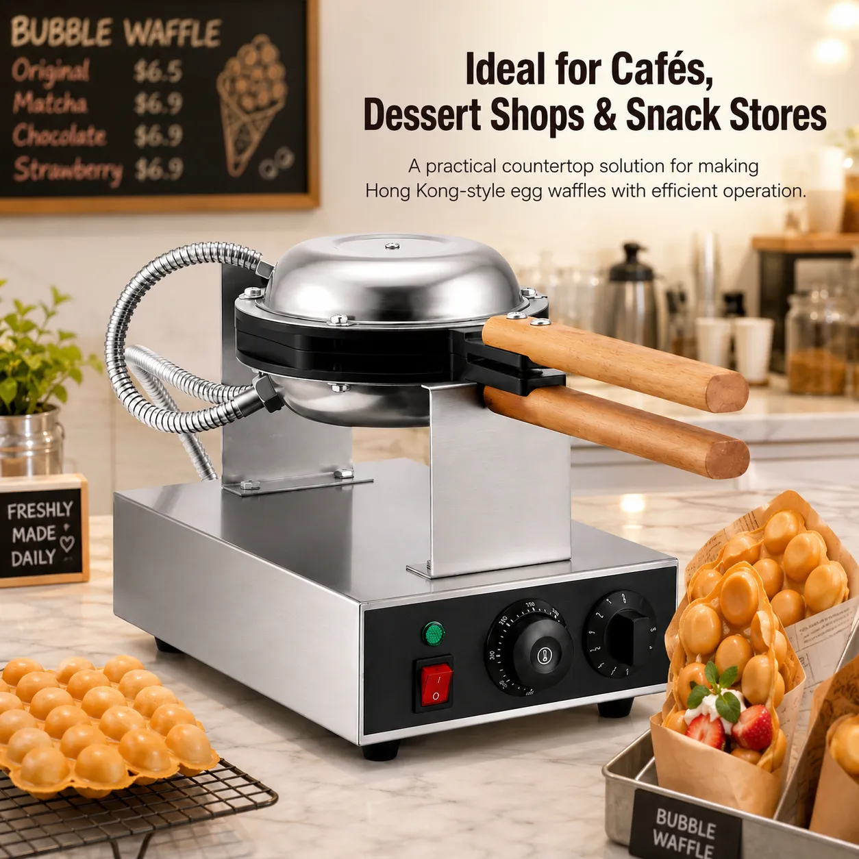 Commercial bubble waffle maker used in a milk tea and dessert shop