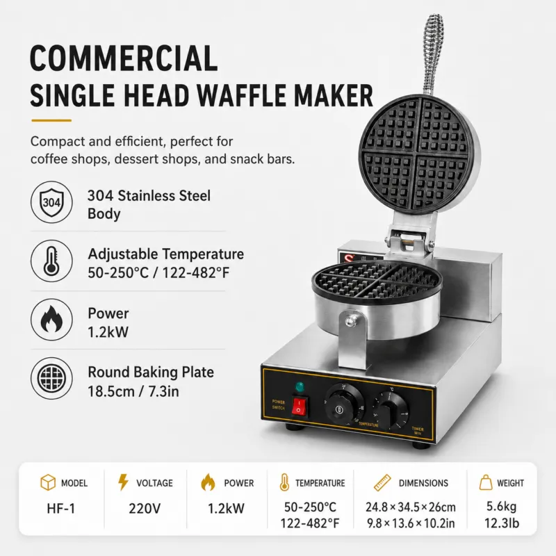 1.2kW stainless steel commercial waffle maker specifications