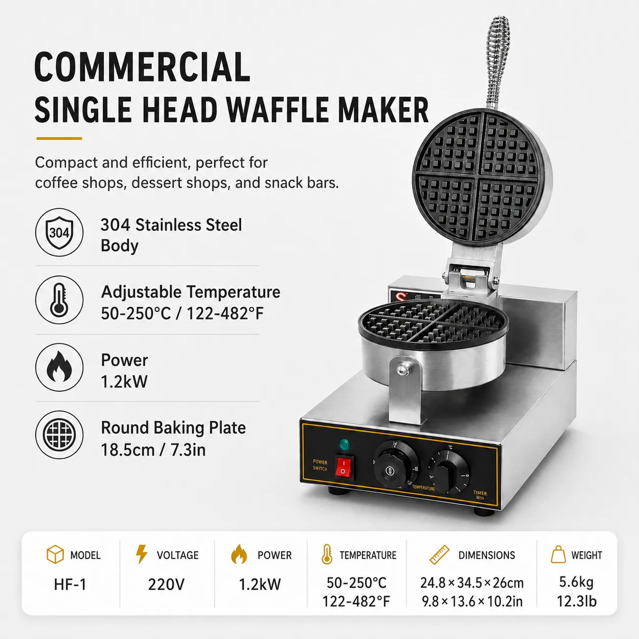 1.2kW stainless steel commercial waffle maker specifications