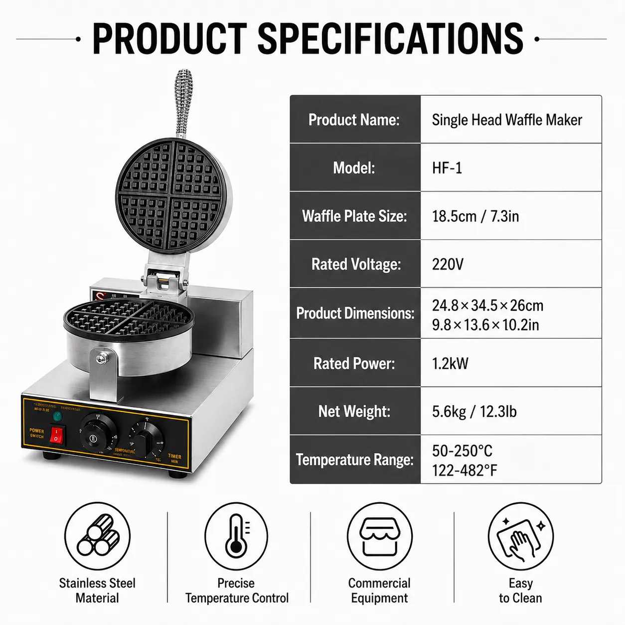 1.2kW stainless steel commercial waffle maker specifications