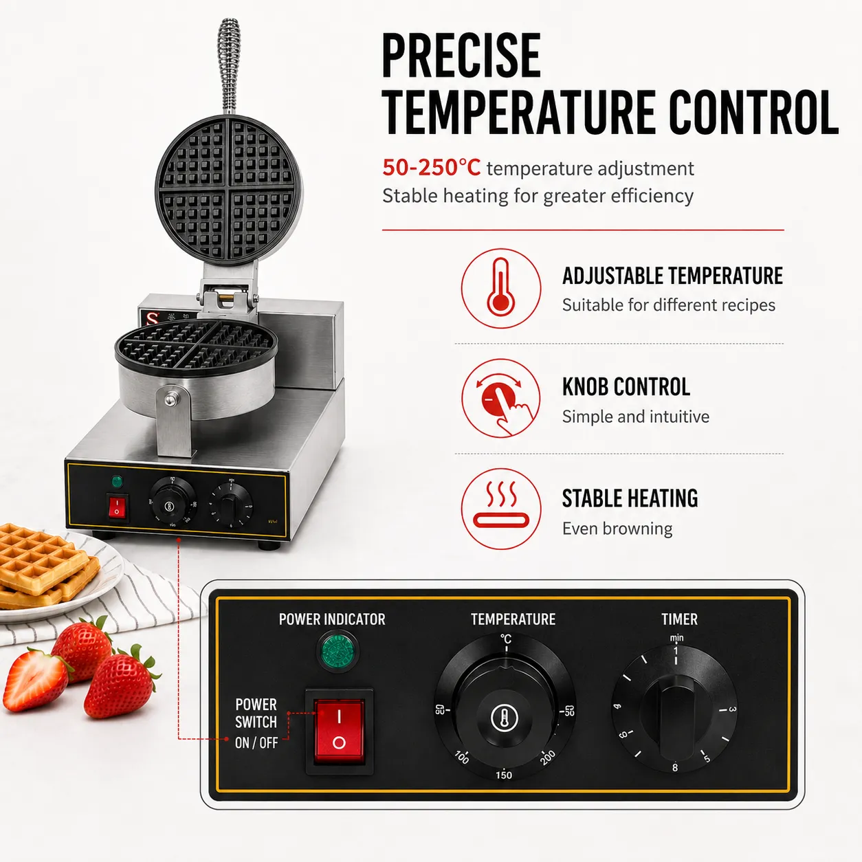 Commercial waffle maker with 50–250°C temperature control panel