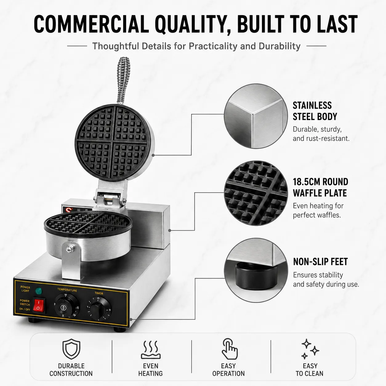 Stainless steel waffle maker body and non-slip feet