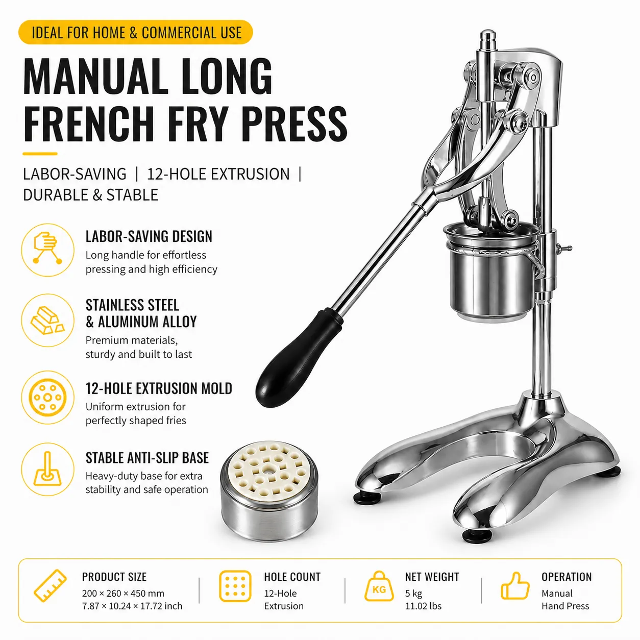 12-hole manual French fry extruder features
