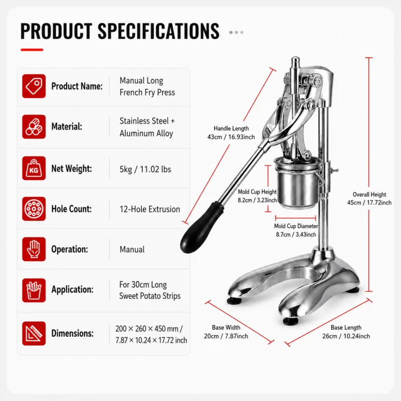 Commercial manual long French fry press dimensions and specifications