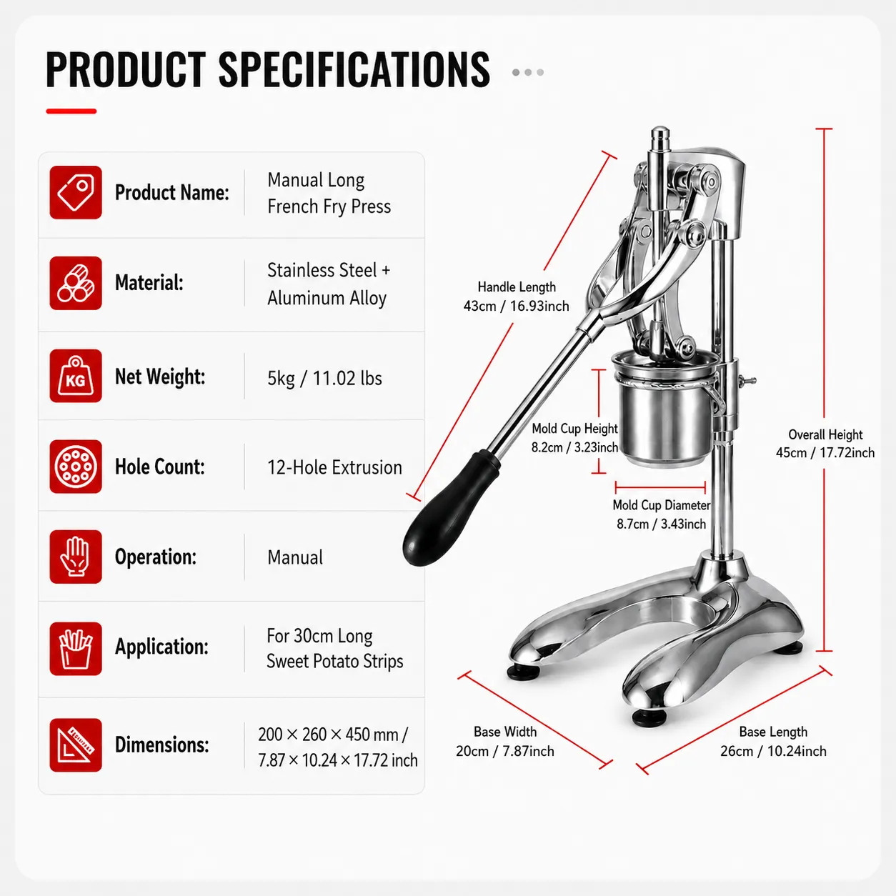 Commercial long French fry press dimensions and specifications