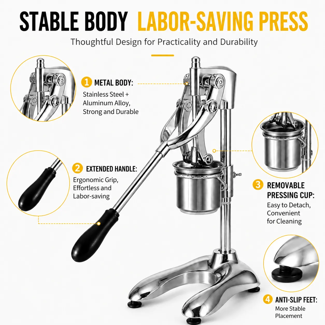Stainless steel fry press with extended handle and anti-slip base