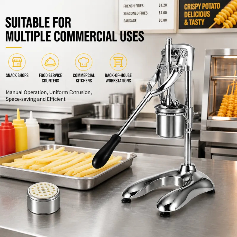 Manual long French fry press for snack shops and commercial kitchens