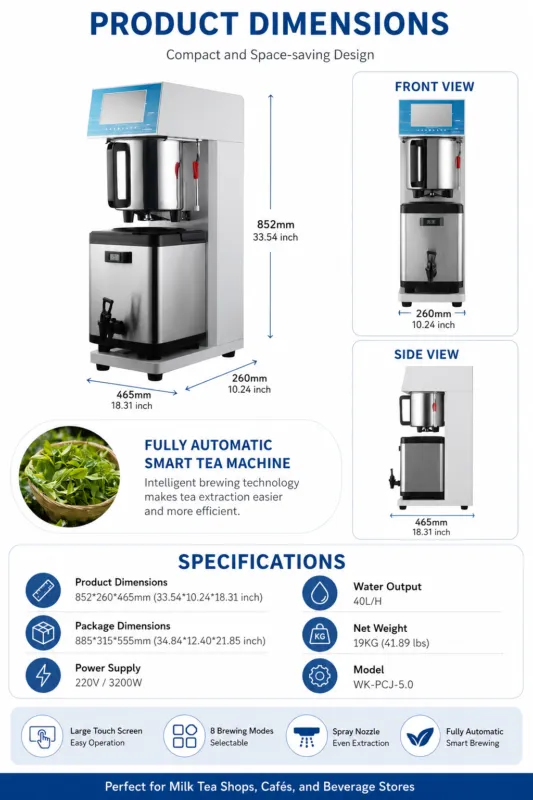 Commercial tea brewing machine specifications and dimensions
