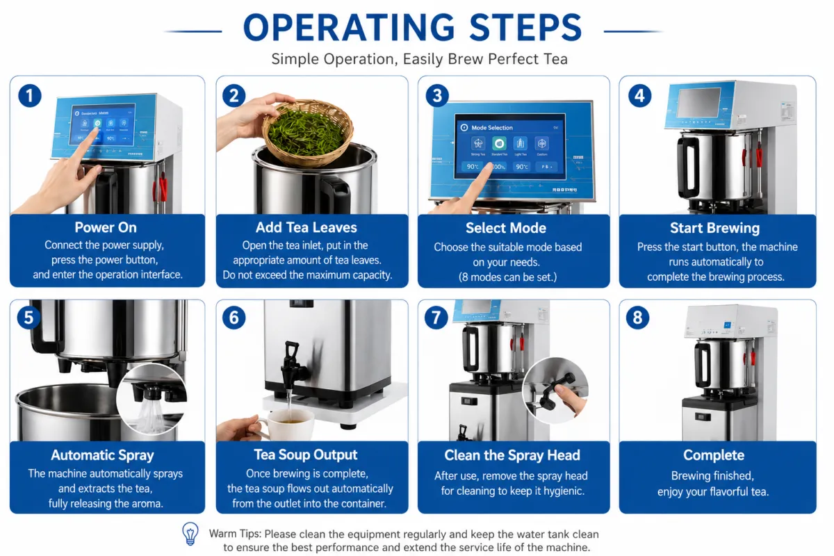 Commercial automatic tea brewing machine operating steps