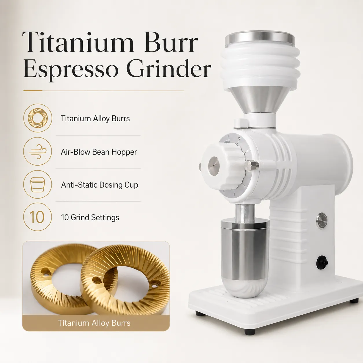 N520-BP coffee grinder with bellows hopper, grind adjustment dial and dosing cup