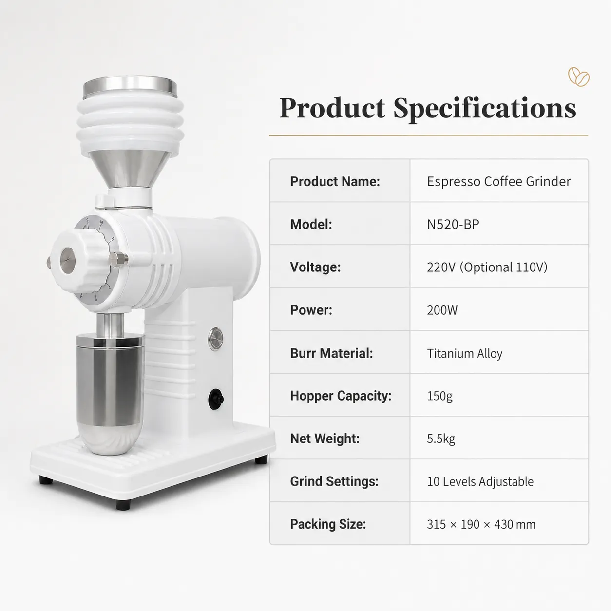 N520-BP espresso coffee grinder specifications and product details