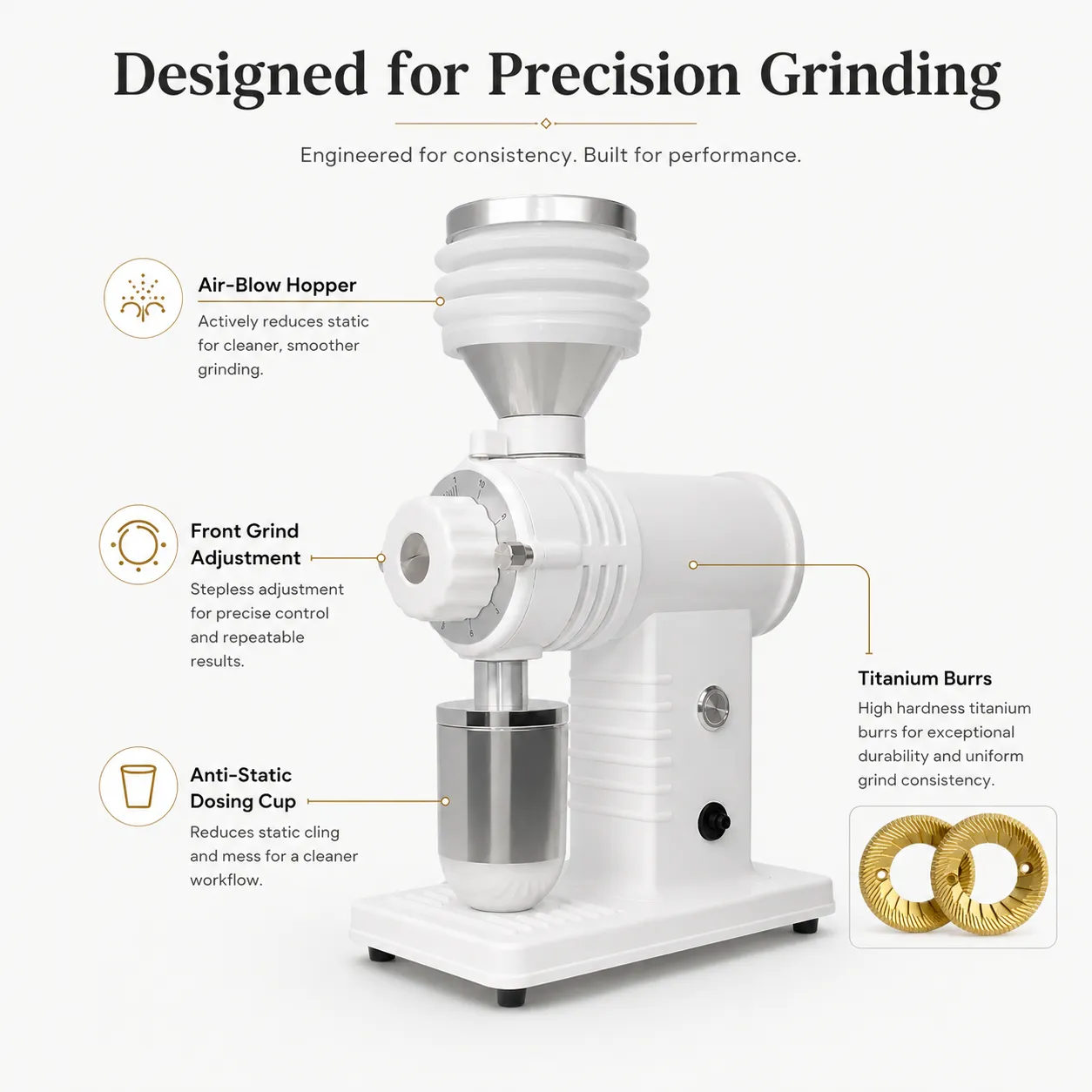 N520-BP coffee grinder with bellows hopper, grind adjustment dial and dosing cup
