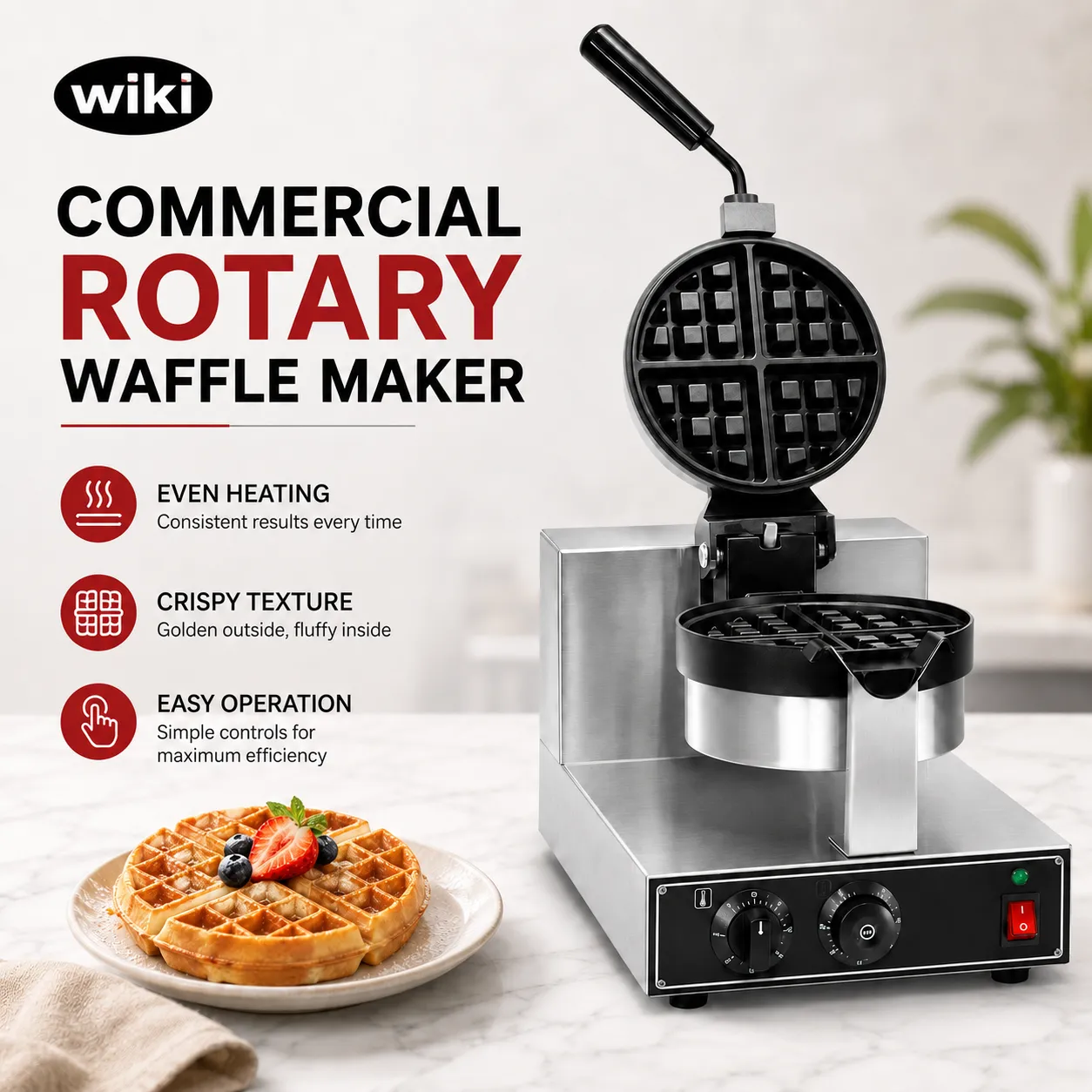 wiki Commercial Rotary Waffle Maker with even heating and easy operation