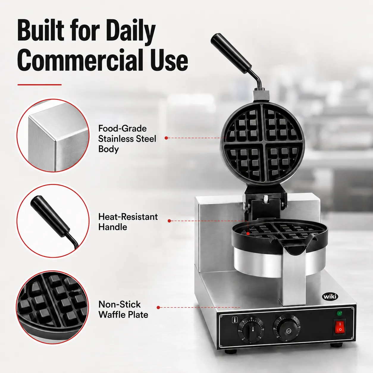 wiki waffle maker with stainless steel body heat-resistant handle and non-stick plates