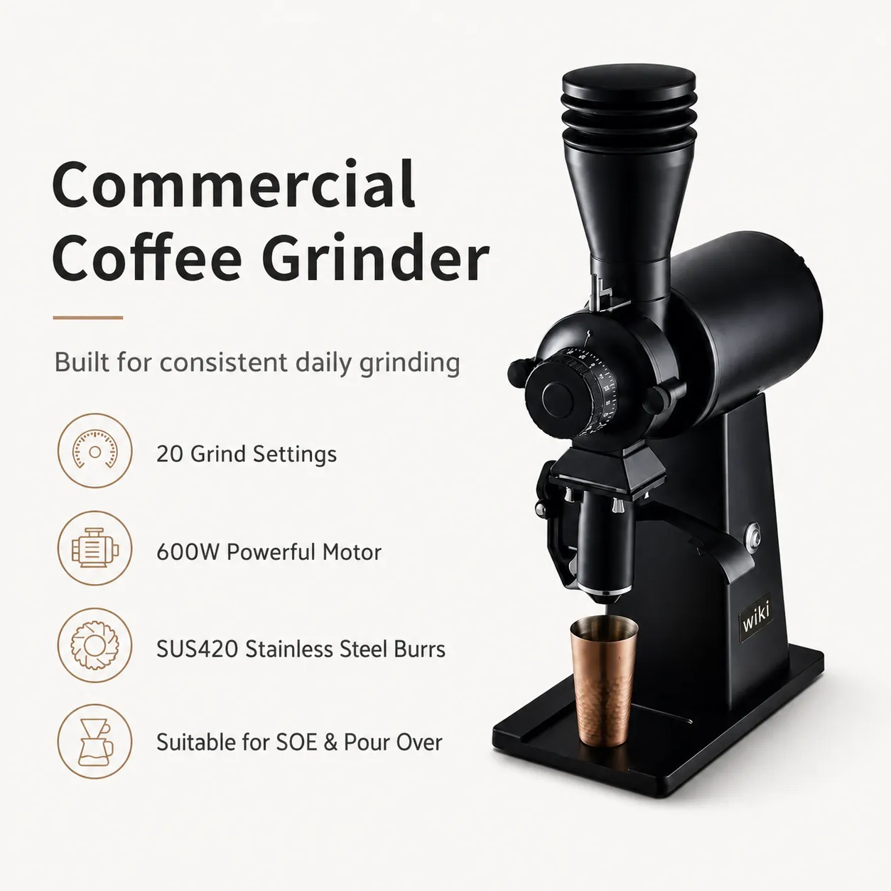 wiki Commercial Coffee Grinder with 600W motor and 20 grind settings