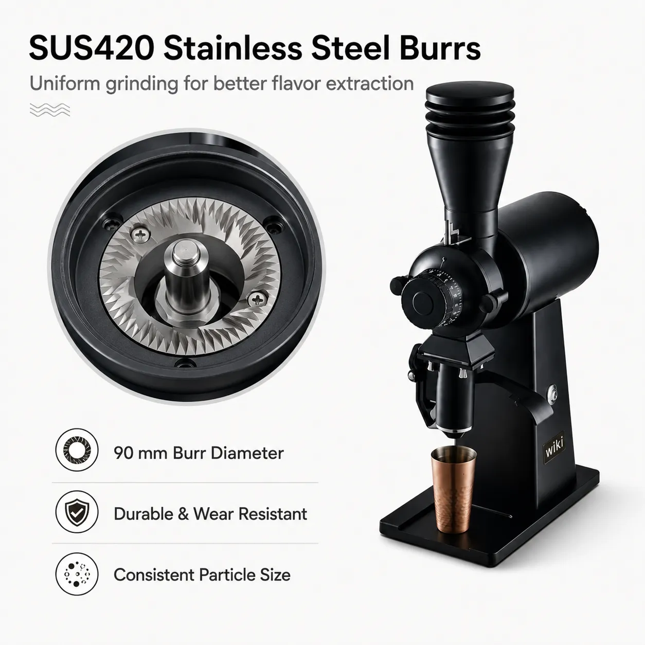 wiki coffee grinder with 90mm SUS420 stainless steel burrs