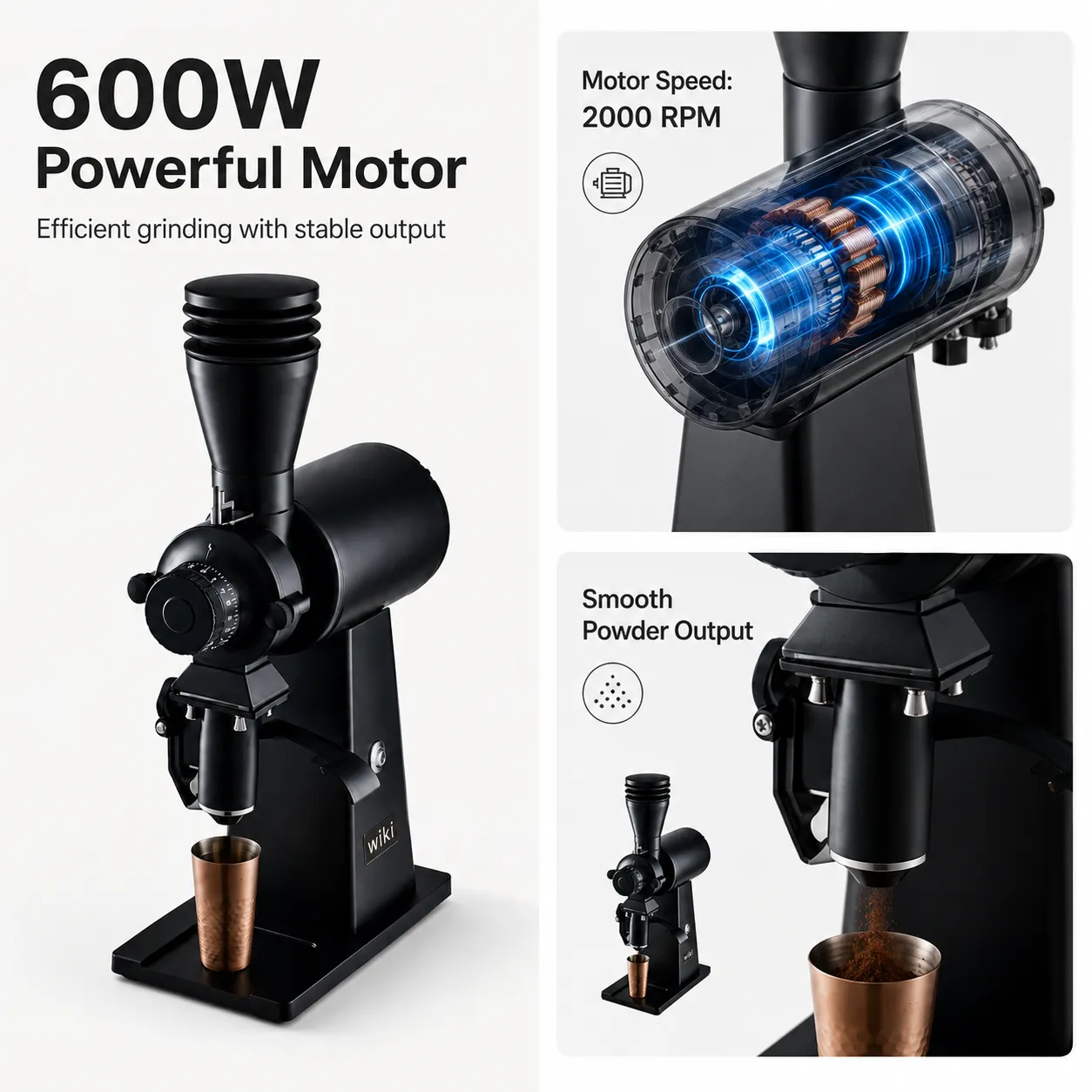 wiki Commercial Coffee Grinder with 600W motor and smooth powder output