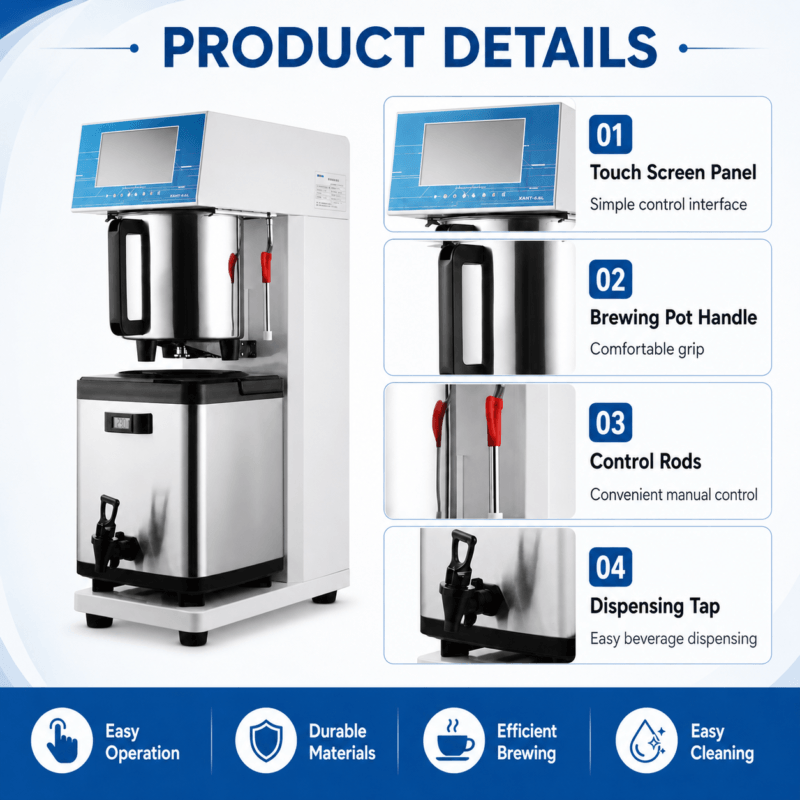 Commercial tea brewing machine control panel and tea storage tank