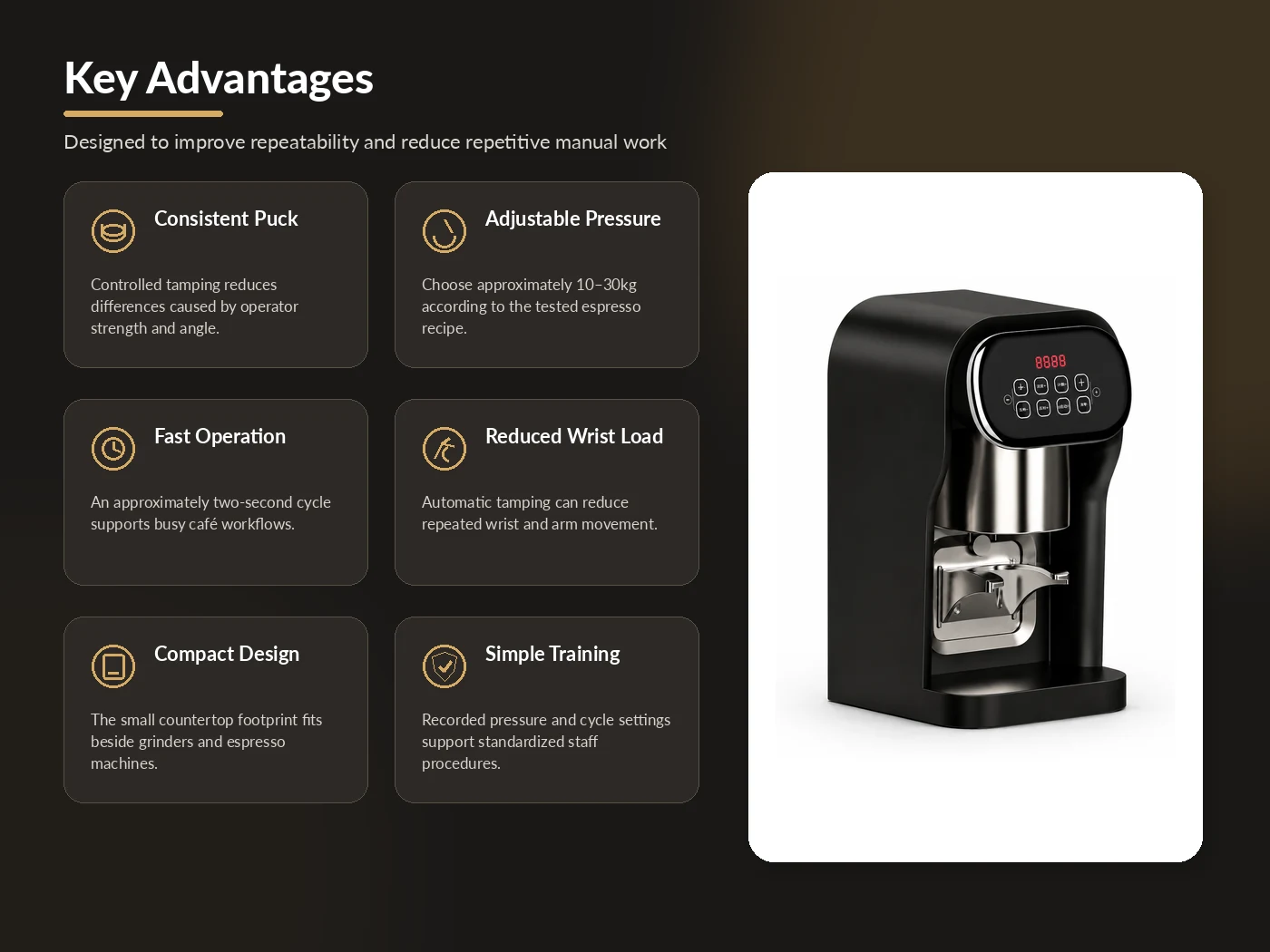 Adjustable pressure, fast operation and consistent coffee puck preparation