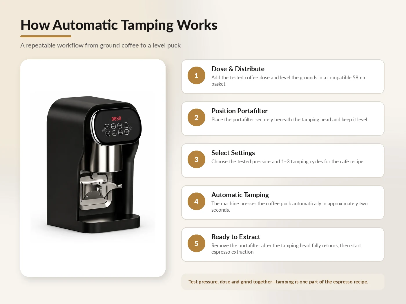 Espresso puck preparation and automatic tamping workflow