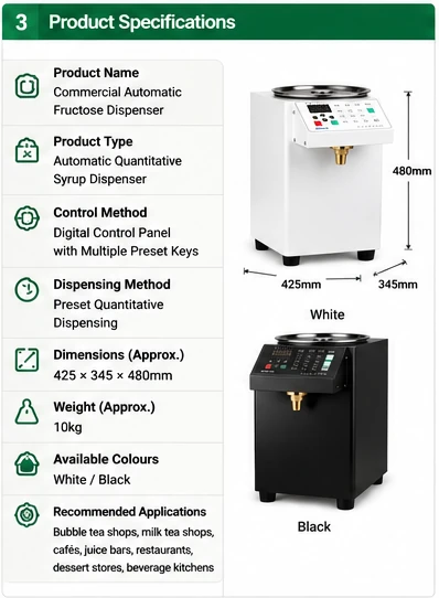 Fructose dispenser dimensions weight colour options and digital controls