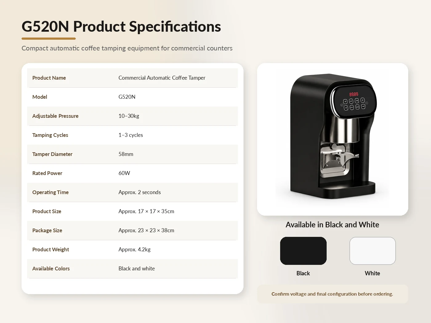 G520N automatic espresso tamper specifications with 58mm base and 60W power
