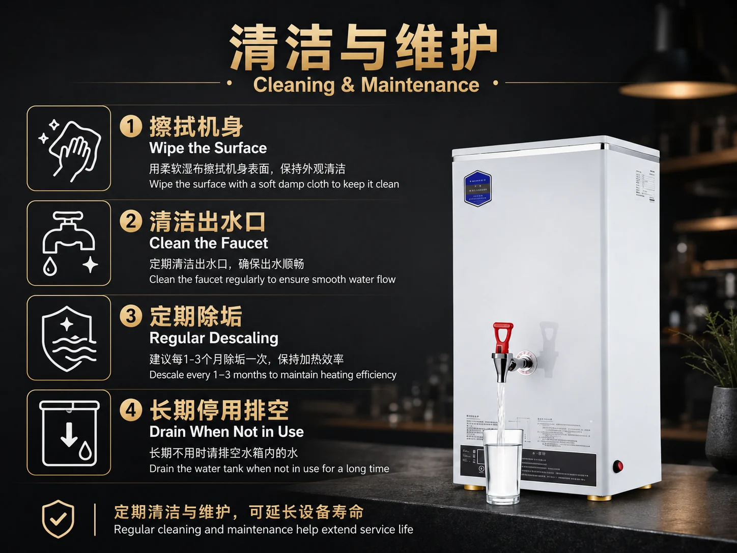 Commercial water boiler cleaning faucet maintenance and descaling guide