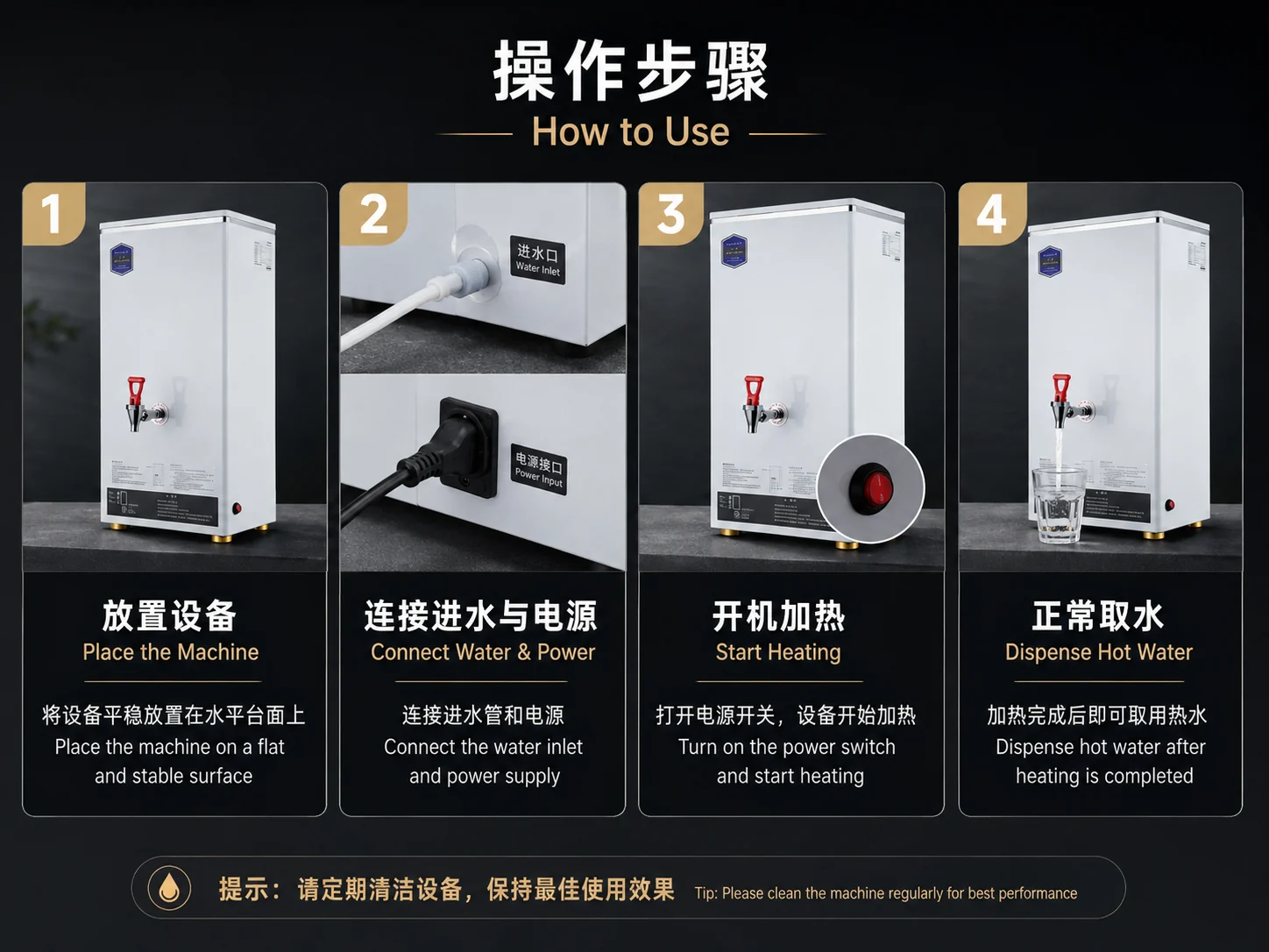 Step-type hot water boiler installation heating and dispensing steps