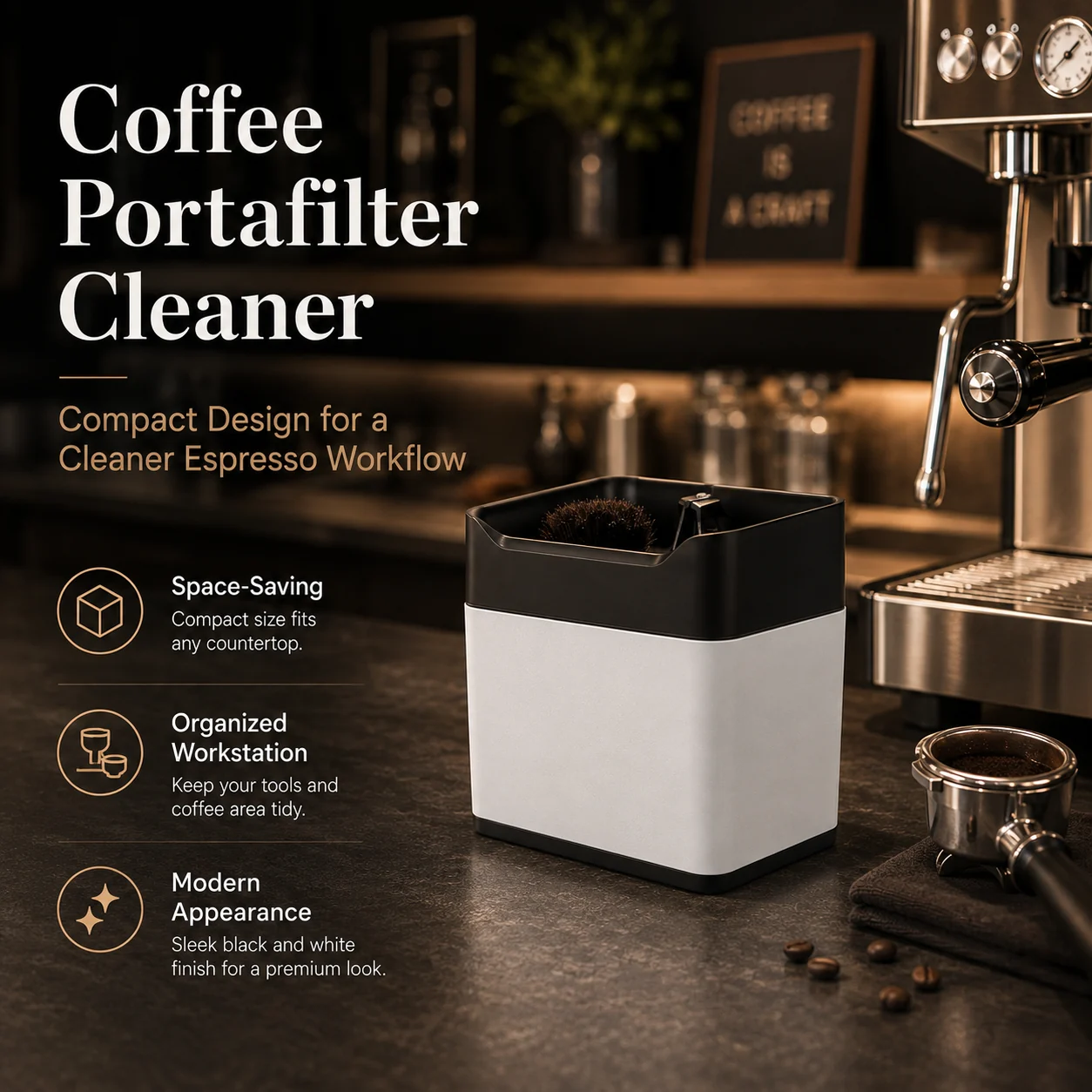 Commercial coffee portafilter cleaner beside an espresso machine