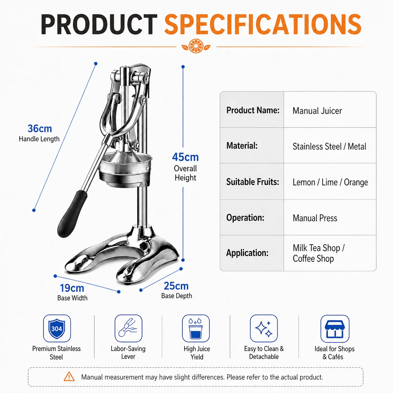 Stainless steel hand press dimensions with 36 cm handle and 45 cm height