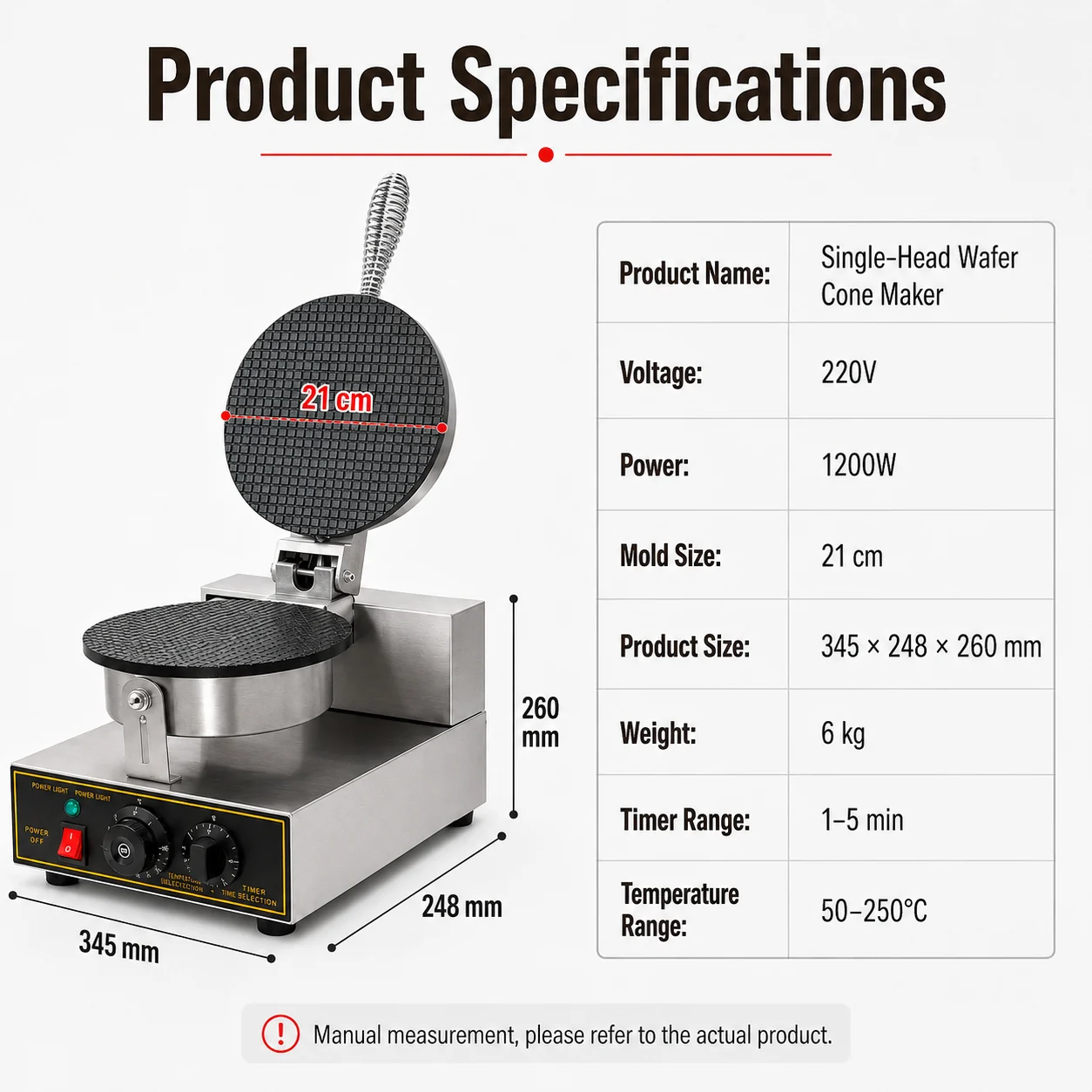 Single-head cone machine dimensions power timer and temperature specifications